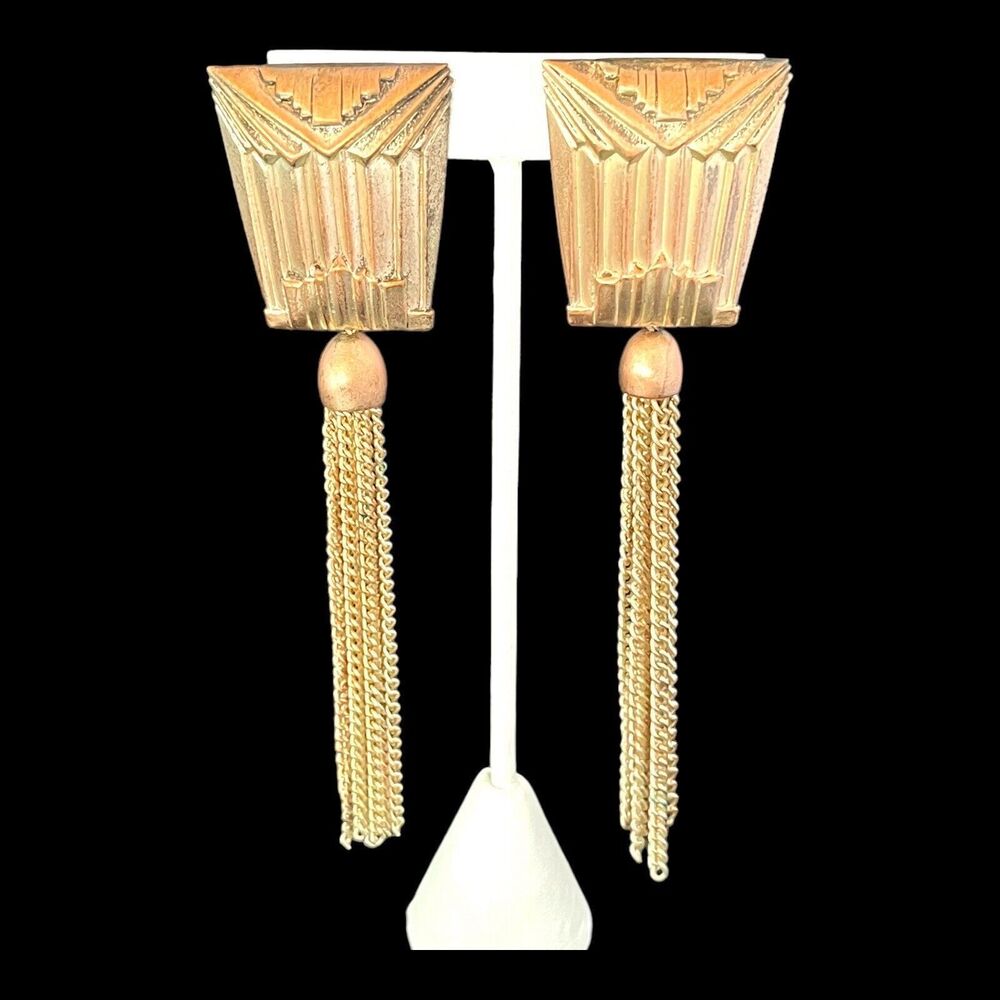 Vintage 1980s Statement Clip Earrings Gold Tone Tassel - 4L